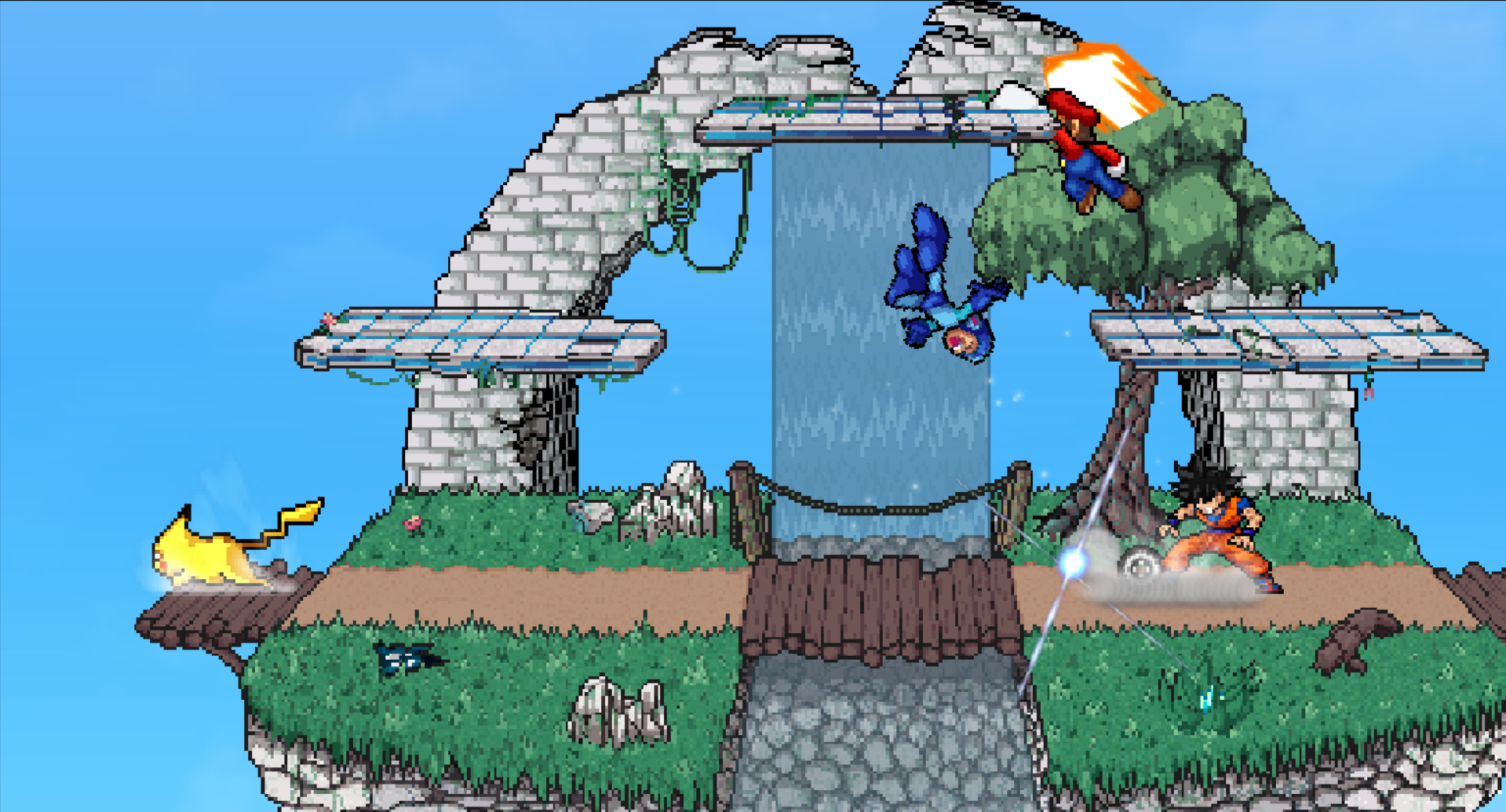 2D fighting game scene from Super Smash Bros. Crusade